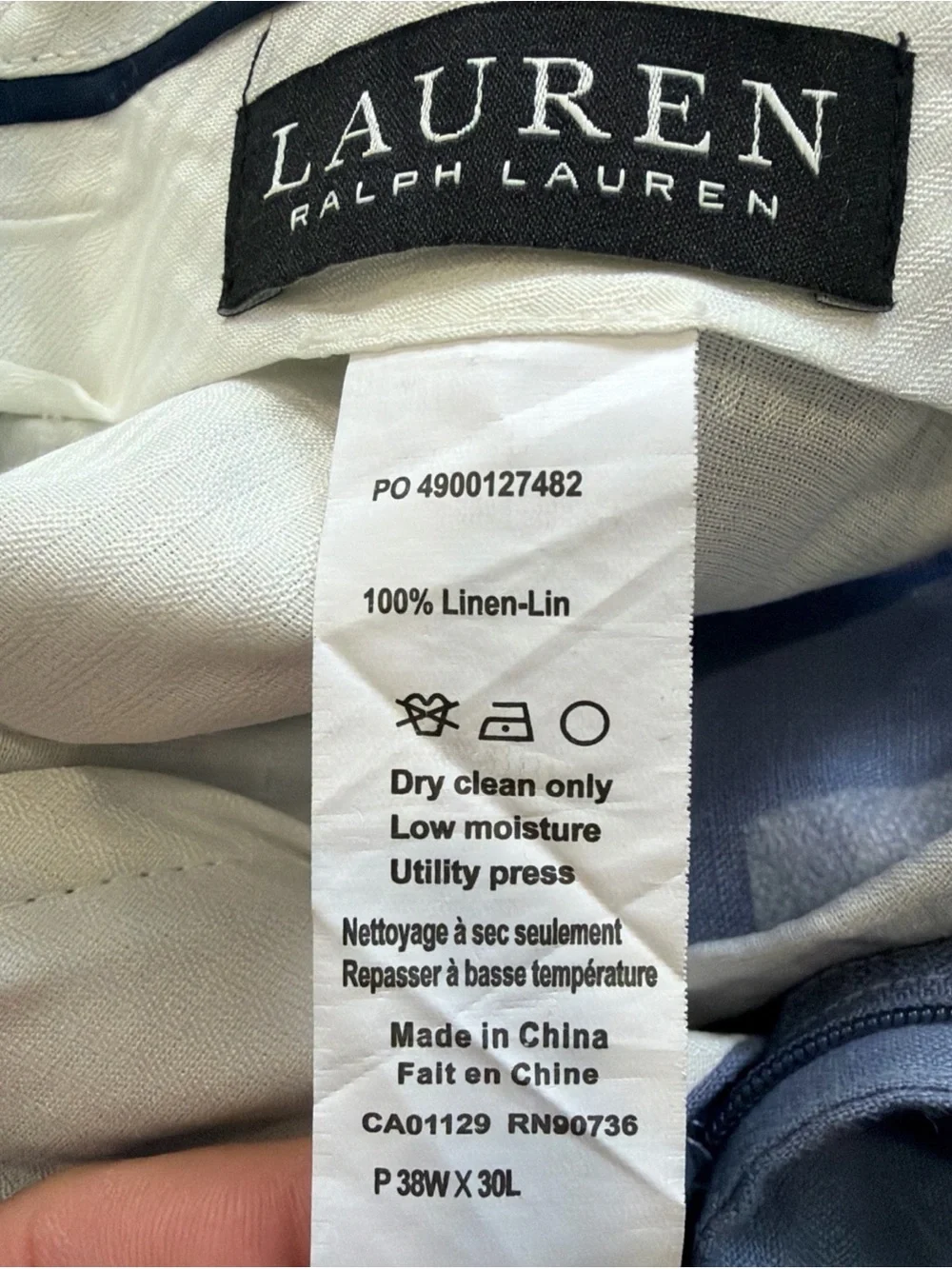 Lauren Ralph Lauren 100% Linen Pants Trousers Men's 38x30 Blue Classic Slack